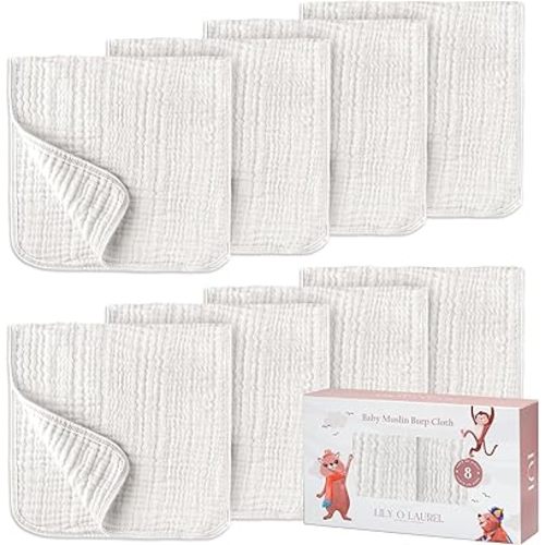 Muslin Burp Cloths, 20"x10"- Pack of 8, 6 Layers Super Soft Absorbent & Breathable 100% Cotton for Baby Drool and Messes, Burp Cloth Baby Boy and Burp Cloths Baby Girl