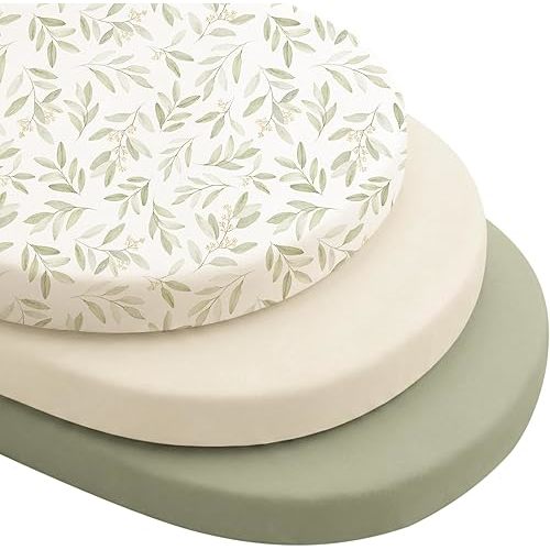 Konssy Silky Soft Bassinet Sheets 3 Pack, Ultra-Stretchy Bassinet Mattress Sheets for Baby Girl Boy, Breathable Fitted Sheet for Standard Oval Hourglass Mattress (Green Leaf)
