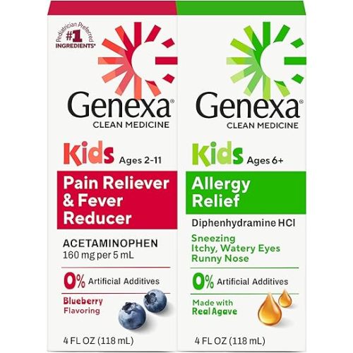 Genexa Kids' Clean Allergy & Acetaminophen Medicine Combo, Dye Free, 0% Artificial Additives, Childrens Antihistamine & Pain Reliever Fever Reducer, Ages 6-11, Organic Agave & Blueberry (2 Pack)