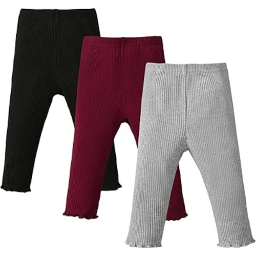 SOBOWO Baby Girl Leggings Pants Toddler Girls Solid Ribbed Pants 3 Pack Ruffle Bottoms Trouser Fall Winter Clothes 9M-3T