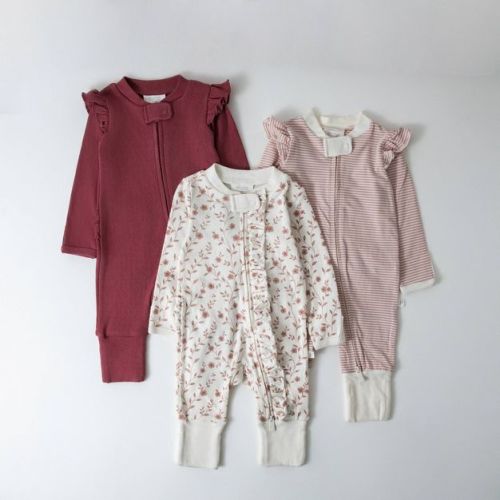 Picolette by Olivia Culpo Baby Girls' 3pk Long Sleeve Pajama Romper fold over footie cuff - Pink/white 0-3M