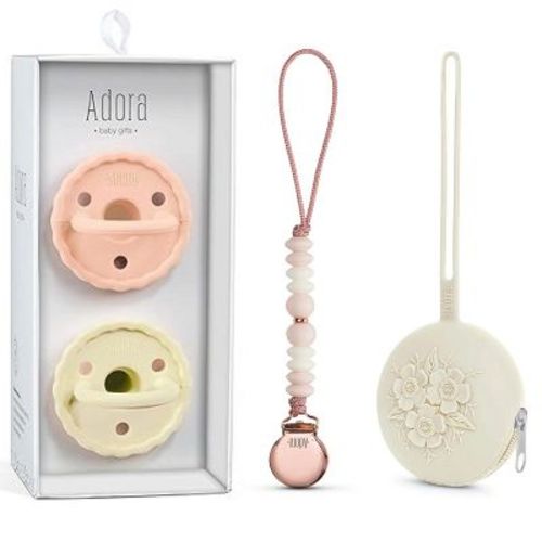 Adora Pacifier Gift Set – Silicone Pacifiers, Pacifier Clip & Travel Case – Newborn & Toddler Soothing Essentials, BPA-Free