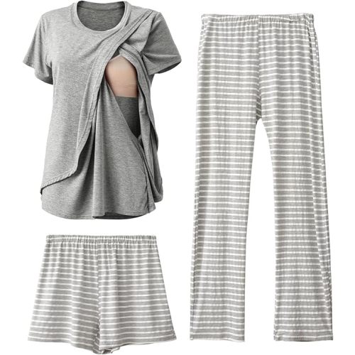 Rnxrbb 3 Piece Postpartum Nursing Pajamas Set Maternity Breastfeeding Pjs