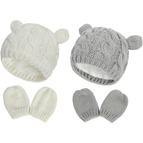 Fynnsure Baby Hat Glove Set Soft Newborn Mittens Baby Girl Boys Knitted Toddler Cap Infant Winter Beanie Mitten Sets White & Pink S