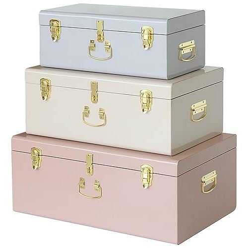 Vixdonos Decorative Box Set of 3 Metal Trunks Chest with Safety Lock Clasp for Treasure Organization and Home Dorm Decor,26.8x16.5x11Inches