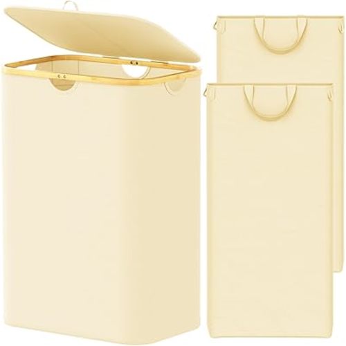 SpaceAid Double Laundry Hamper 2 Section with Lid and Removable Laundry Bags, 160L Clothes Basket with Bamboo Handles, Large Collapsible Hamper for Bedroom, Bathroom, Dorm, Laundry Room - Beige