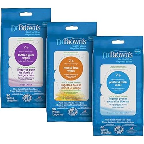 Dr. Brown's Healthy Wipes Variety Pack, Tooth and Gum, Nose and Face, Bottle and Pacifier, Cleaning Wipes, 100 count, 3-Pack Variety (Packaging May Vary)