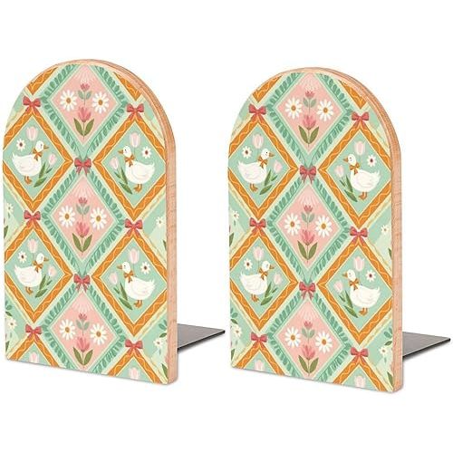 Flowers and White Geese Wood Book Ends for Shelves Decorative Bookends 1 Pair Bookshelf Decor Floral Non-Skid Wooden Bookend Support to Hold Books 6.7x4.7 Inch
