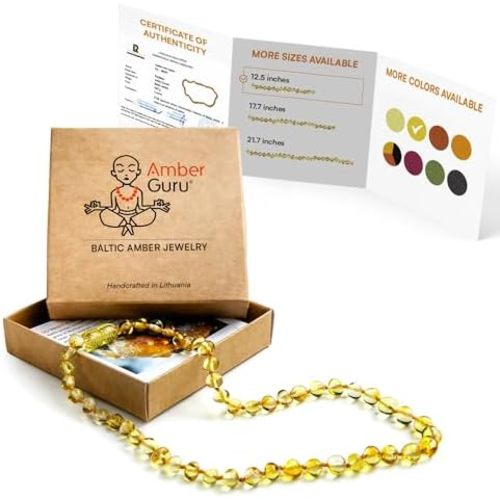 Amber Guru Baltic Amber Necklace (Authentic, Certified) - 12.5 inches - Unisex Jewelry - Polished Real Amber Beads - Proud to Deliver Genuine Baltic Sea Wonder Handmade