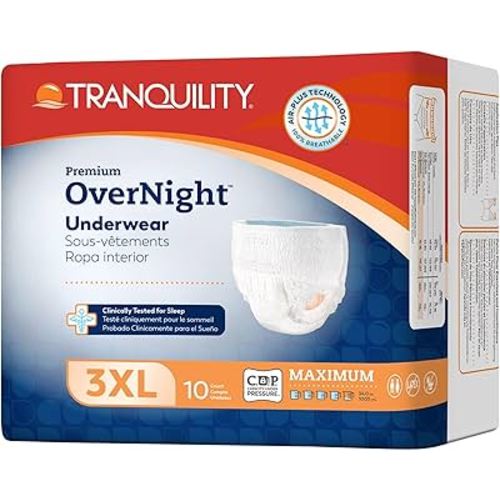 Tranquility Premium Overnight Disposable Absorbent Underwear (10 Count) - XXXL, 75-95 in. Waist - Maximum Absorbency, All-Night Sleep, Breathable Comfort, Adult Diapers