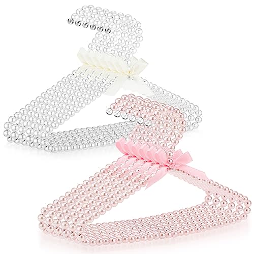 Threan White, Pink 12 Pcs Pearl Beaded Clothes Hanger Mini Pearl Hangers | Small Metal Pearl Hangers for Kids Children, Pearl Design for Nursery Closet, Pet Outfits Organizer, Ribbon Bow Decoration