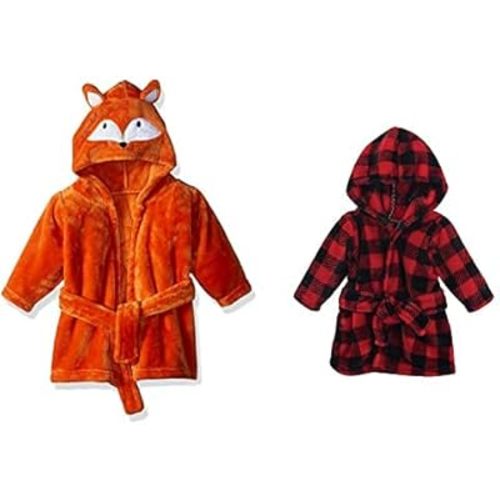 Hudson Baby Boy Plush Animal Face Bathrobe 2-Pack, Fox Red Black Plaid