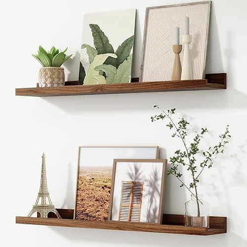 FLYJOE Picture Ledge Shelf, Floating Shelves Set of 2, 32 Inches Nursery Book Shelves for Toys Storage, Kids Bookshelf Wall Mounted for Living Room Bedroom Decor Books Photo Frames, Walnut