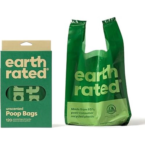 Earth Rated Dog Poop Bags with Handles, Extra Wide, Easy Tie and Guaranteed Leakproof, Unscented, 120 Handle Bags