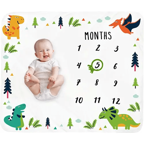 Baby Monthly Milestone Blanket Boy - Dinosaur Neutral Newborn Month Blanket for Boy & Girl Personalized Shower Gift Soft Plush Fleece Photography Background Prop with Frame Large 47''x40''
