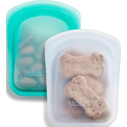 Stasher Premium Reusable Silicone Pocket Bags, 2-Pack, Clear and Aqua, 4 oz | Food-Safe Silicone, BPA-Free, Leak-Free, Eco-Friendly, Freezer, Microwave, Dishwasher, Oven, Travel Storage, Food-Safe