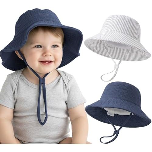 Konssy Muslin Baby Boy Sun Hat 2-Pack, Infant Sun Hat with Wide Brim, UPF 50+ Baby Beach Hat for 0-6 Months