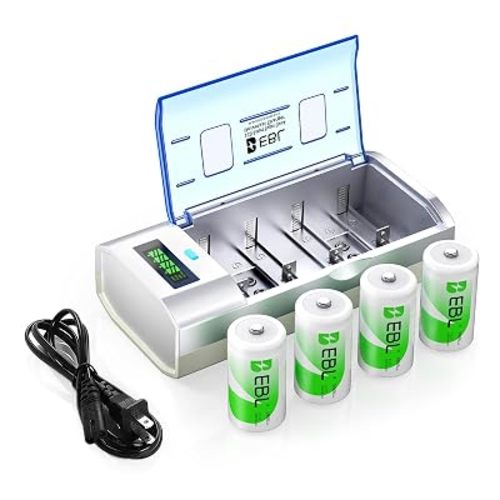 EBL D Cells 10000mAh Rechargeable Batteries (4 Counts) and Universal Battery Charger Compatible with C D 9V AA AAA Ni-MH Ni-CD Batteries