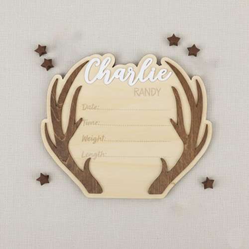Engraved Wood Deer Antler Birth Announcement Sign, Deer Hunting Baby Birth Stats Newborn Photo Prop