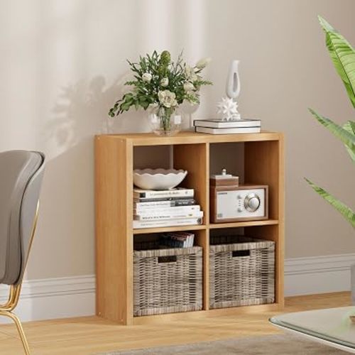 4 Cube Storage Organizer, Cubby Storage Shelf, 2x2 Cube Bookshelf, Wooden Organizer Shelf with Thickened Boards, for Closet Bedroom Home Living Room, 25.12" L x 9.37" W x 25.12" H, Natural-Oak