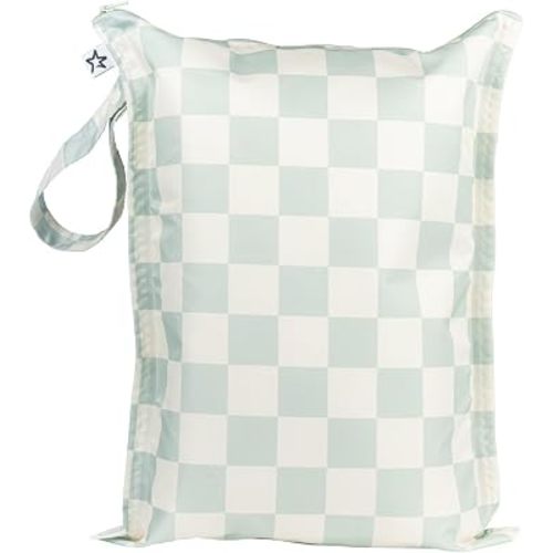 Tiny Twinkle Mess Proof Wet Bags | 1-Pack Reusable Waterproof Wet Bags for Swimsuits | Baby Clothes | Travel & Diaper Bag (Sage Checkers)