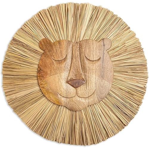 Crane Baby Handmade Wood Animal Safari Wall Art for Nursery Decor, Boho Jungle Theme, for Boys and Girls Lion 21L X 21W Brown
