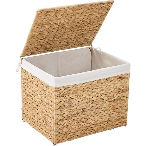 Water Hyacinth Storage Basket with Lid, 21.1 Gallon (80L) Wicker Shelf Basket with Removable Liner, Wicker Storage Basket for Blanket, for Livingroom, Bedroom, Natural