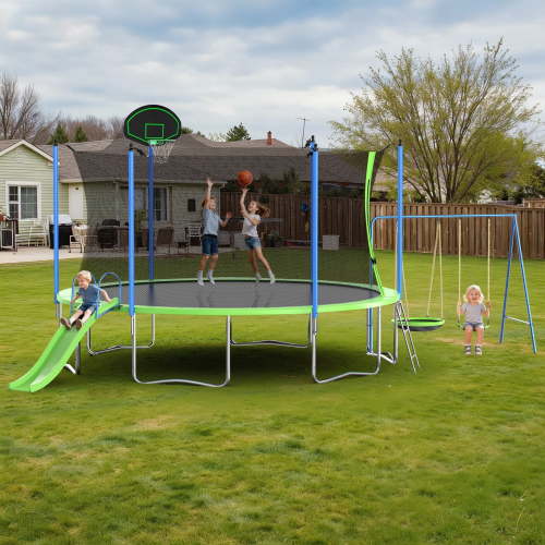 Segmart 12ft Trampoline, Slide, Swings, Basketball Hoop, Ladder, Safety Net, Outdoor Green