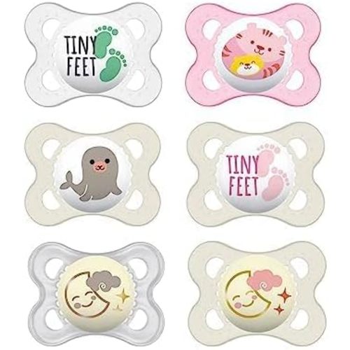 MAM Variety Pack Baby Glow in The Dark Pacifier, Includes 6 Types of Pacifiers, Nipple Shape Helps Promote Healthy Oral Development, 0-6 Months, Girl, 6 Count (Pack of 1)