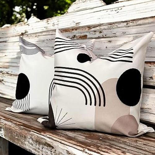 AYAY Modern Decorative Pillow Covers 18 x18 – Boho Throw Pillows for Couch Bed, Set of 2 Modern Cases, Printed Abstract Soft Velvet Pillows, Washable (Black, White and Beige, 18 x 18)