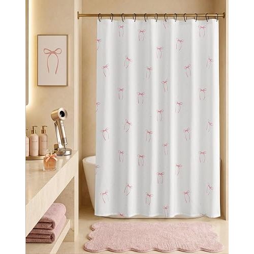jinchan Pink Bow Shower Curtain Cute Balletcore Bathroom Decor for Girls Teens Waterproo Fabric Bath Curtain 70 x 72 Inch Pastel Ribbon Print for Apartment Dorm Girly Aesthetic