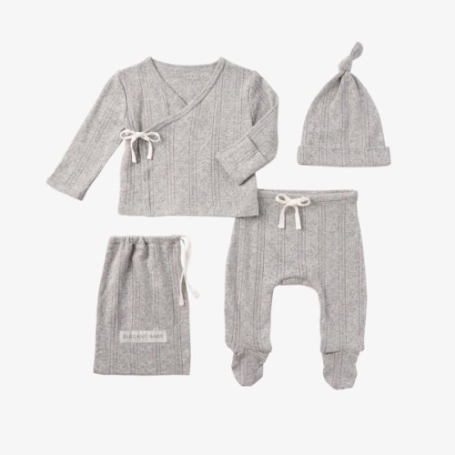 Gray Organic Cotton Pointelle Layette 3 Pc Gift Set NB
