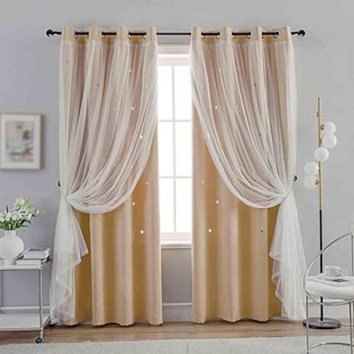 Anytime Girls Bedroom Curtains Hollow-Star Blackout Curtains for Kids Room Darkening Long Baby Window Drapes 2 Panel Set (W52 x L63,Beige)