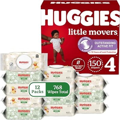 Huggies Little Movers Baby Diapers with Huggies Natural Care Sensitive Baby Wipes, Size 4, 150 Diapers & 768 Wipes, Packaging May Vary