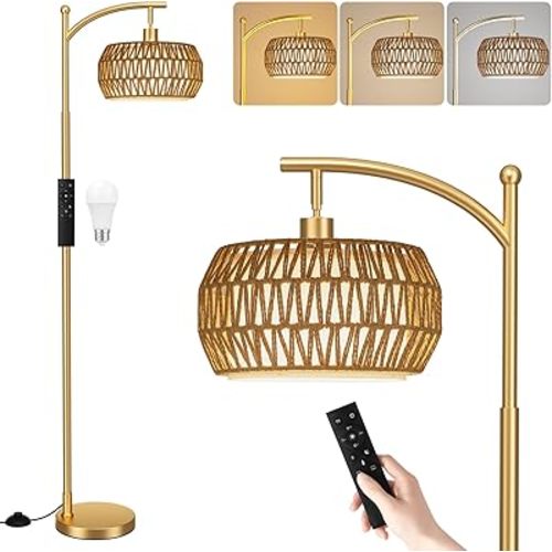 Ambimall Arc Floor Lamp for Living Room with Remote, Color Temperature & Brightness Adjustable, Bohemia Standing Lamp with Rattan & Fabric Double Drum Shades, Bulb Included(Gold)