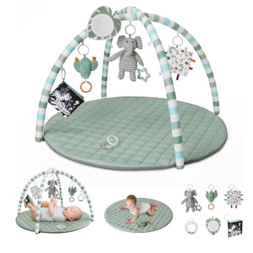 Blissful Diary Baby Play Gym Mat, Play Mat Activity Mat with 6 Detachable Toys for Stage-Based Sensory & Motor Skill Development, Easy to Install & Clean, Baby Essentials Gift, Sage Green