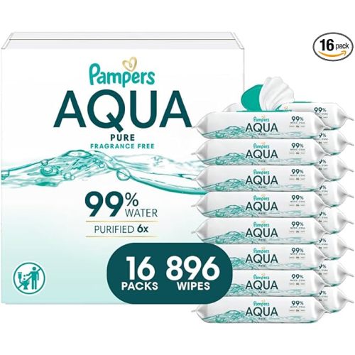 Pampers Aqua Pure Baby Wipes, 99% Water, Fragrance Free, 896 Baby Wipes Total (16X Flip-Top Packs) [Packaging May Vary]