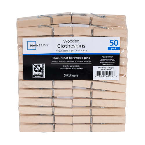 "Mainstays Wooden Clothespins, 50 Count, Natural Color, Rust-Resistant, 2.8"" Length"