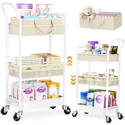 Baby Diaper Caddy Organizer Cart with Adjustable Shelf, Detachable Dividers