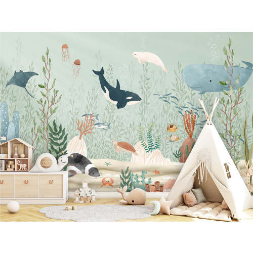 Oliver Robins Peel and Stick / Traditional By The Sea Ocean Animals Nursery Baby Boy Removable Wallpaper - Whale Dolphin Fish Seahorse Gender Neutral
