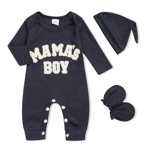 GRNSHTS Newborn Baby Boy Romper Coming Home Outfits Letter Print Bodysuit Jumpsuit+Hat+Gloves 3PCS Clothes Set