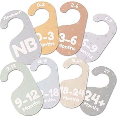 Baby Closet Dividers for Clothes Organizer - Set of 8 Adorable Wooden Double-Sided Baby Clothes Size Hanger Organizer from Newborn to 24+ Months for Nursery Beautiful Minimalist Decor
