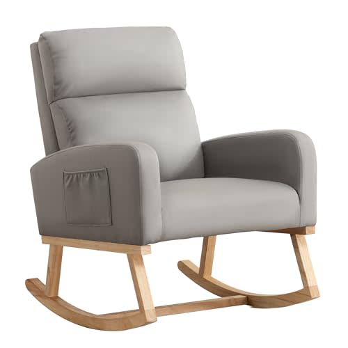 Rocking Chair Nursery, Uplostered Leather Rocker Nursing Chairs with Wood Legs and Side Pocket, Comfortable Glider Roking Chair for Nursery, Living Room, Bedroom, Grey