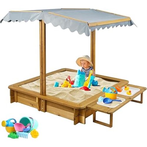 PetsCosset Sandbox with Cover, Sand Box with 2 Toy Bins, 4 Reinforced Benches, UV-Resistant & Adjustable Roof, Bottom Liner, Wooden Sandbox with Lid for Kids Outdoor, Gift for Ages 2-8, 45x45 Inches