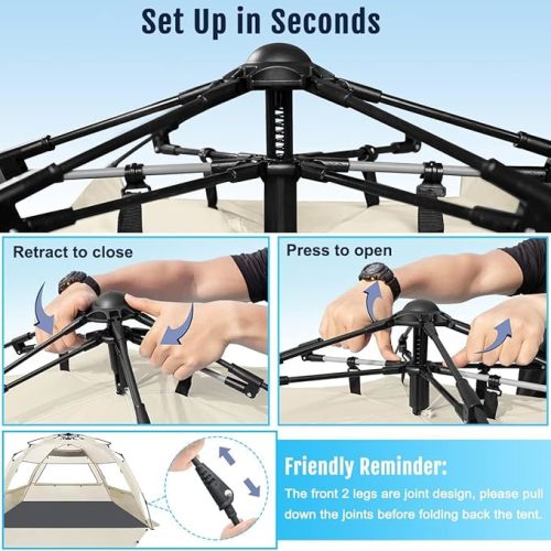 WhiteFang Deluxe Pop Up Beach Tent Sun Shade Shelter for 3-4/5-6 Person, UV Protection, Extendable Floor with 3 Ventilating Windows Plus Carrying Bag, Stakes, and Guy Lines