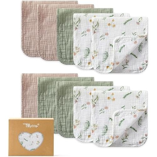 TILLYOU Muslin Burp Cloths Baby Boy Girl 20" x 10", 6-Layer Absorbent 100% Cotton Burping Cloths Large Soft, 10 Pack(Daisy)