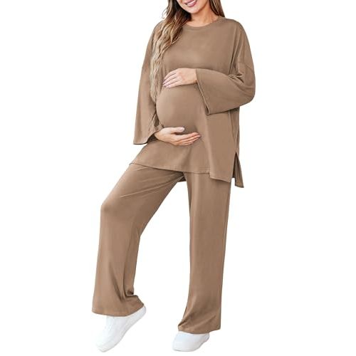 FMEYOA Womens Maternity Pajamas Sets 2 Piece Outfits Long Sleeve Tops and Pregnancy Loungewear Mama Clothes with Pockets