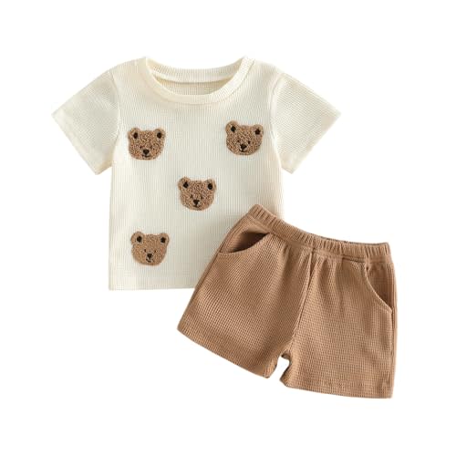 Baby Boy Summer Clothes Bear Embroidery Crew Neck Waffle Short Sleeve Tops Shorts Set 2pcs Toddler Boy Outfits