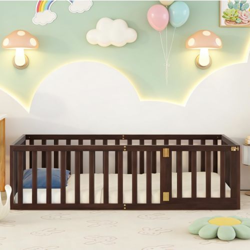 Bellemave Twin Size Montessori Floor Bed with 21.7" High Rails, Pine,Plywood Floor Bed with Small Door, Walnut