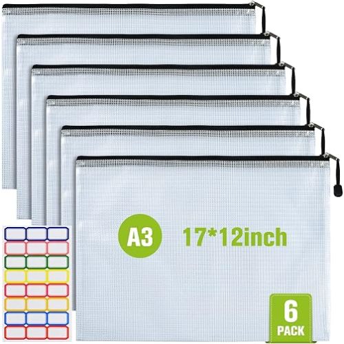 A3 Mesh Zipper Pouch Bag, 6PCS Waterproof Plastic Mesh Zipper Bag, Black